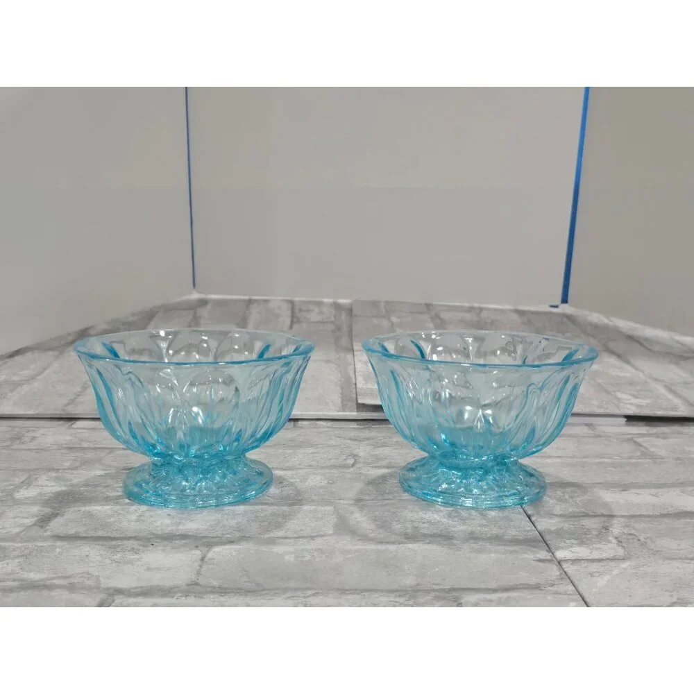 Vintage Lot of 2 Matching Aqua/Turquoise Blue Glass Thumbprint Pedestal Bowl Thu